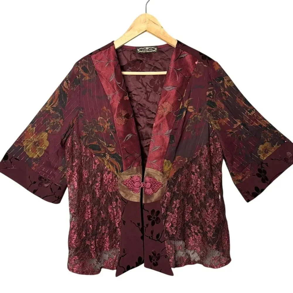 Violet Kay Satin Burnout Kimono Lace Burgundy Frog Knot Closure SZ L Whimsygoth